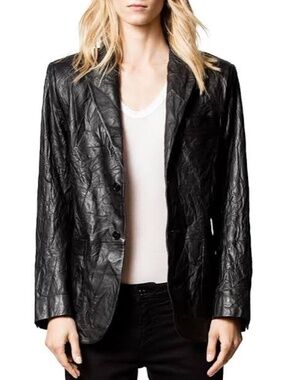 NWT Zadig & Voltaire Volta Cuir Froisse Crinkled Leather Blazer Jacket Black L